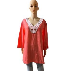 NWT Premise Coral Lace Tunic Boho Coral Tunic L/S Blouse Size XXL
